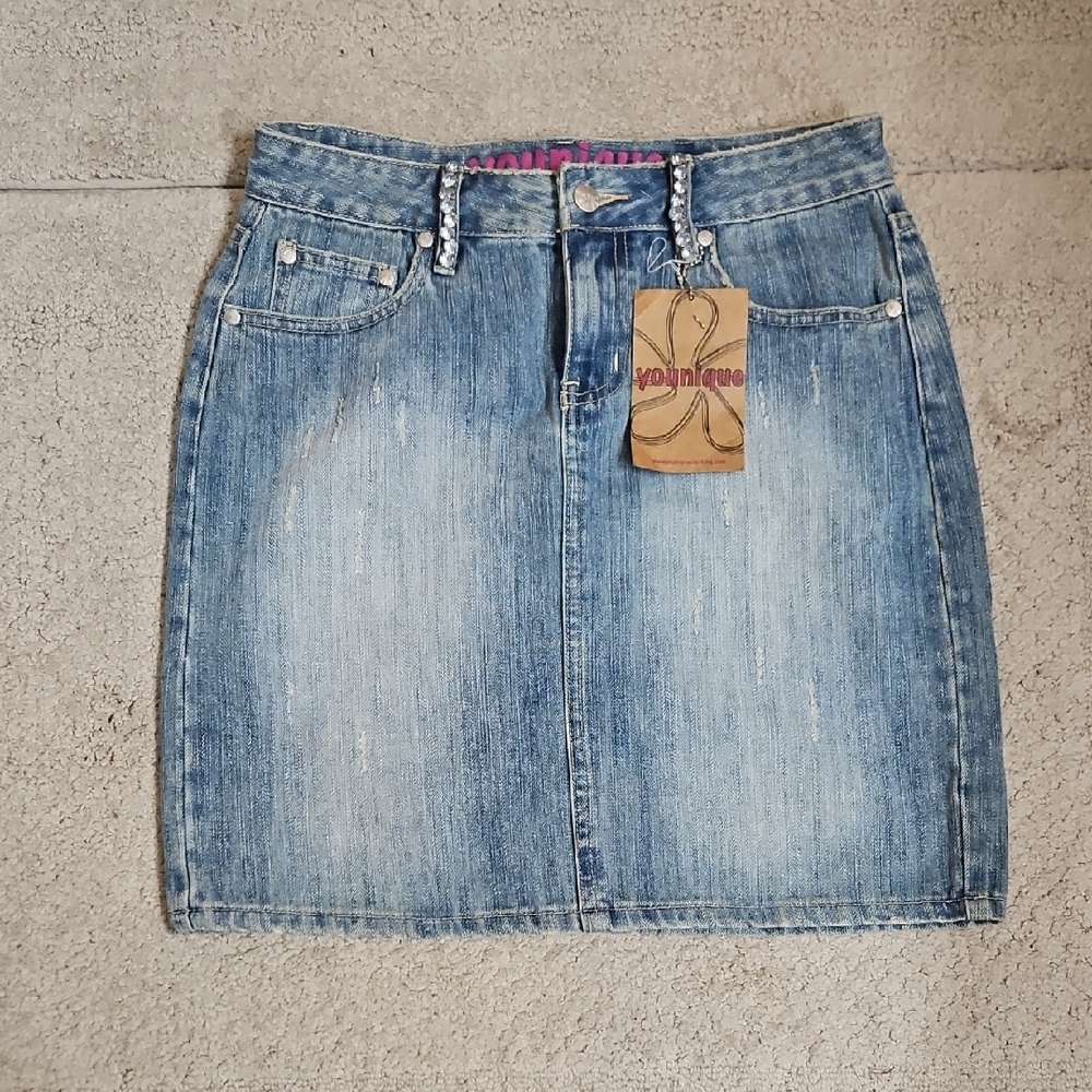 Younique Distressed Denim Mini Skirt with bedazzled rhinestone Belt Loops